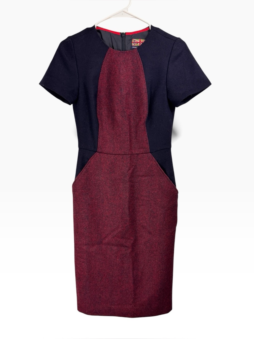 Boden British Tweed by Moon Sheath Dress Size 2 Navy Blue Red Herringbone Wool